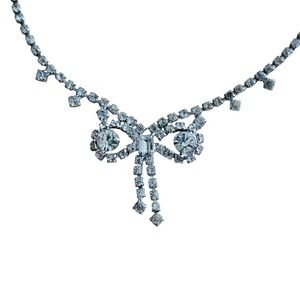 VTG Art Deco Bow necklace Crystal Rhinestone Silver Ribbon Choker Prom Bridal